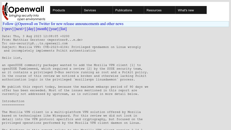 Screenshot of openwall.com: Mozilla VPN: CVE-2023-4104: vpndaemon wrongly implements Polkit authentication