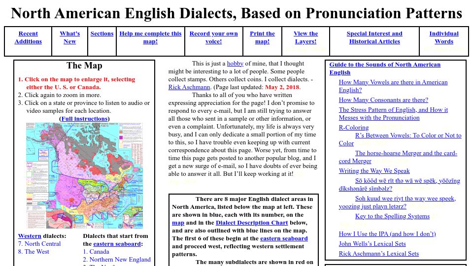 Screenshot of aschmann.net: North American English Dialects
