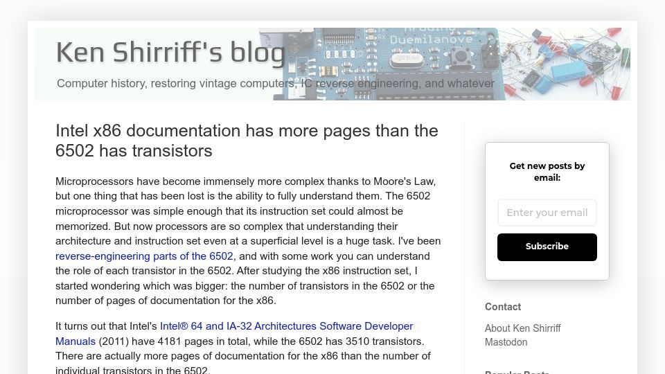 Screenshot of righto.com: Intel x86 documentation has more pages than the 6502 has transistors (2013)