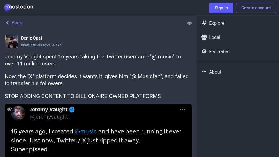 Screenshot of syzito.xyz: Jeremy Vaught spent 16 years to build @music on Twitter, then X took it away