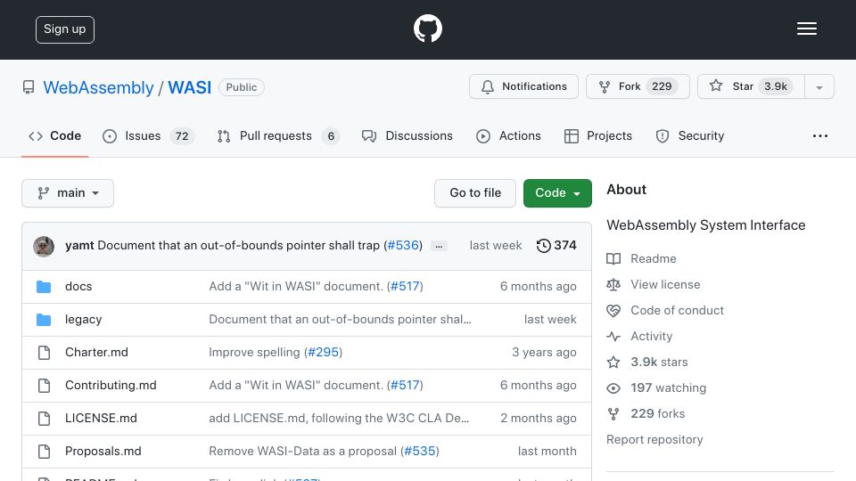 Screenshot of github.com: WASI: WebAssembly System Interface