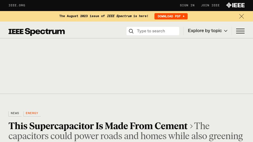 Screenshot of spectrum.ieee.org: A supercapacitor made from cement