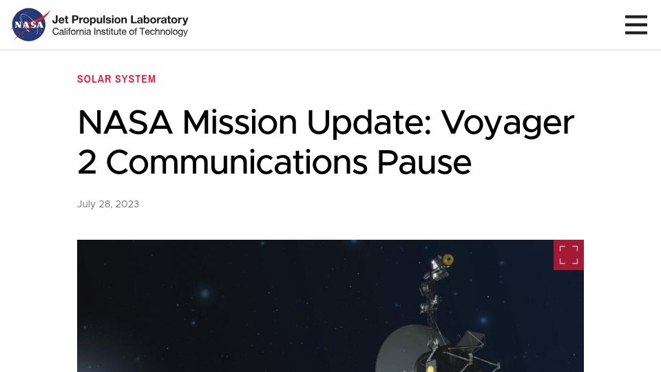 Screenshot of jpl.nasa.gov: NASA has reestablished full communications with Voyager 2