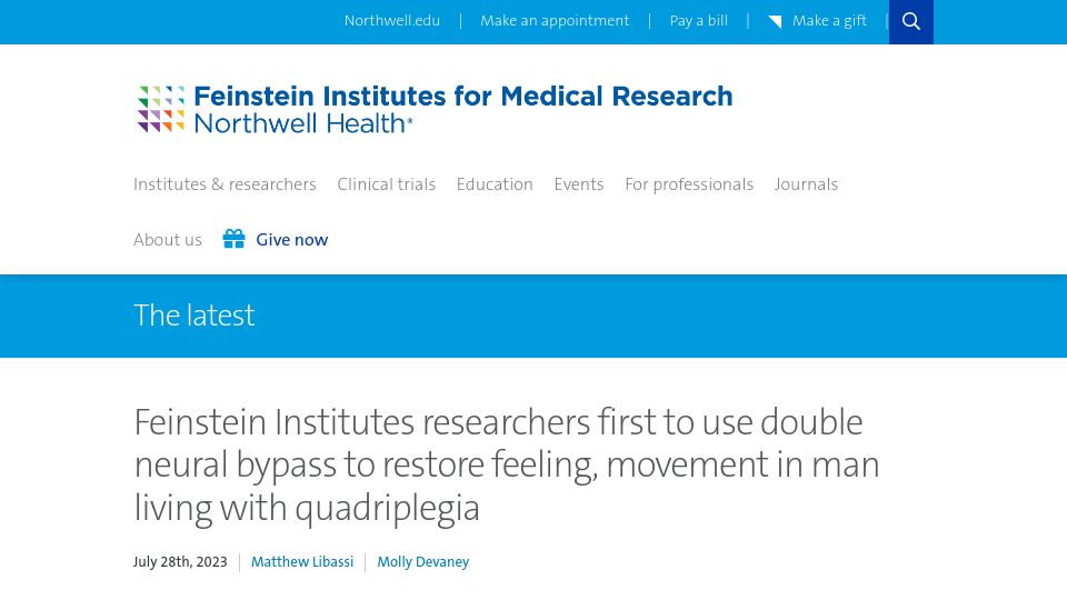 Screenshot of feinstein.northwell.edu: Double neural bypass restores movement, sense of touch after paralysis