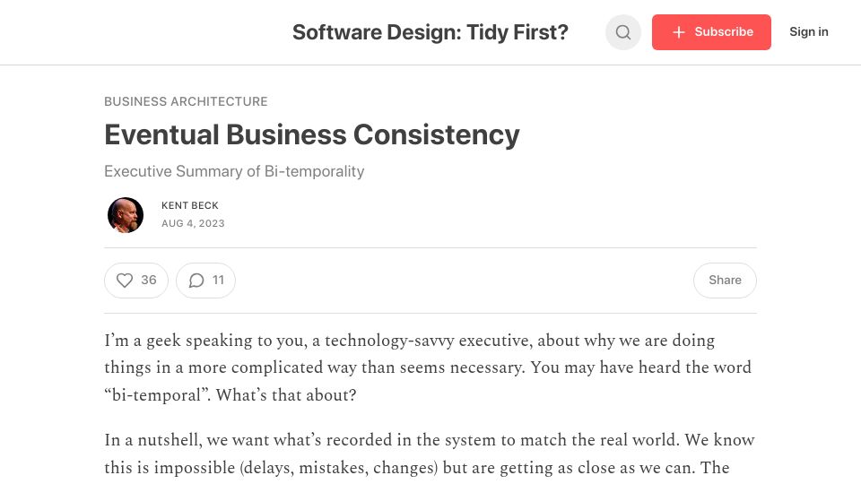 Screenshot of tidyfirst.substack.com: Eventual Business Consistency