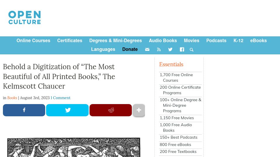 Screenshot of openculture.com: “The most beautiful of all printed books,” the Kelmscott Chaucer