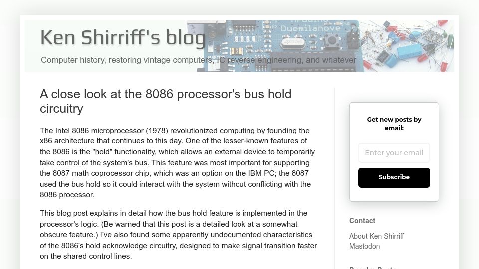 Screenshot of righto.com: A close look at the 8086 processor's bus hold circuitry