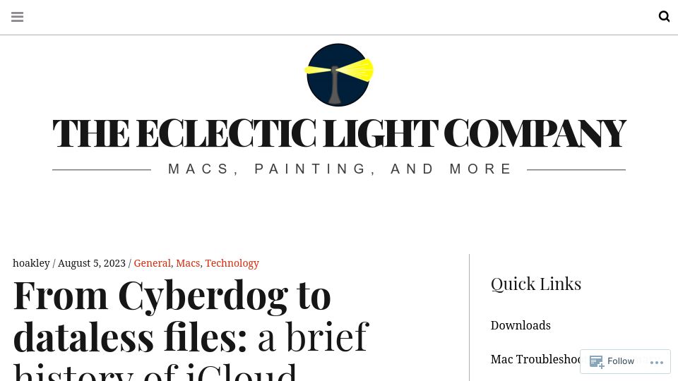 Screenshot of eclecticlight.co: From Cyberdog to dataless files: a brief history of iCloud
