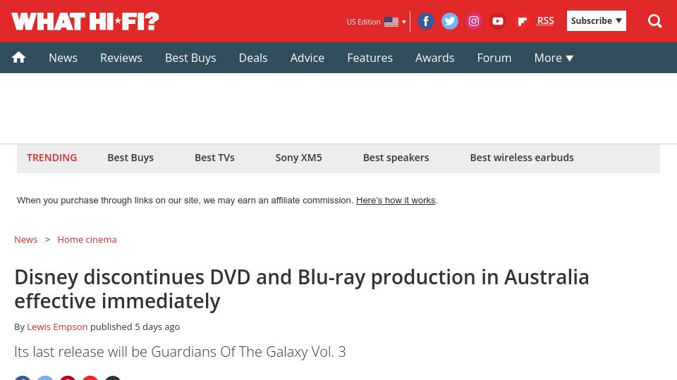 Screenshot of whathifi.com: Disney discontinues DVD and Bluray production in Australia
