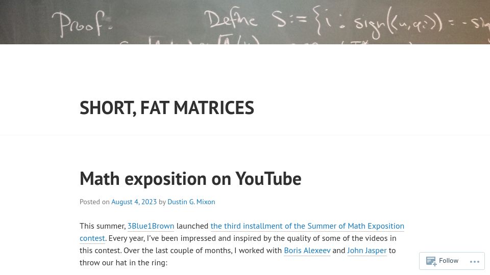 Screenshot of dustingmixon.wordpress.com: Math Exposition on YouTube