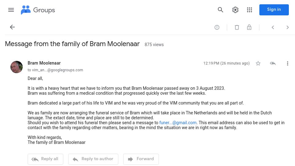 Screenshot of groups.google.com: Bram Moolenaar has died