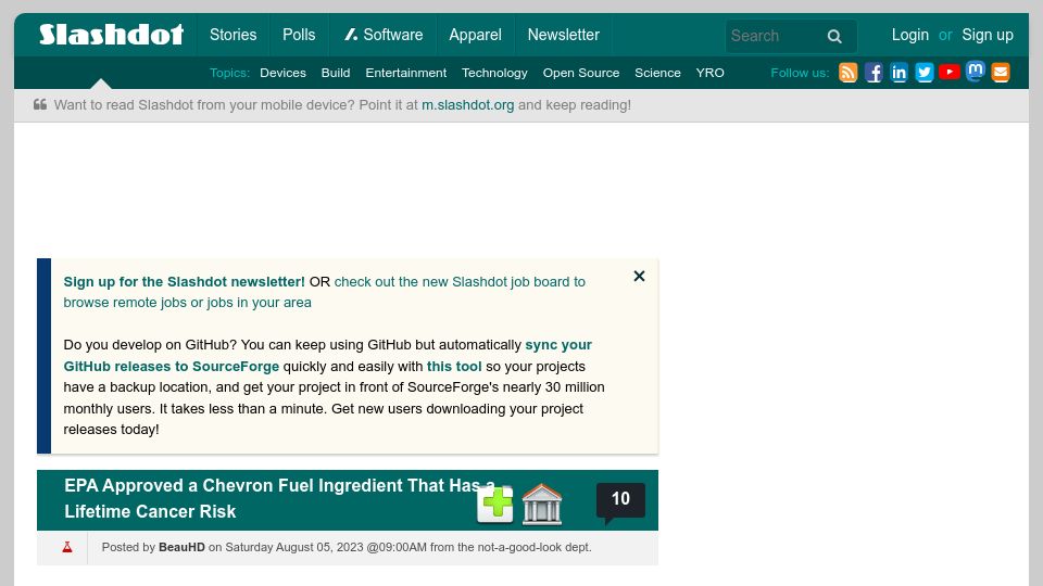 Screenshot of science.slashdot.org: EPA Approved a Chevron Fuel Ingredient That Has a Lifetime Cancer Risk