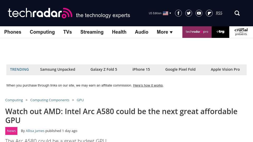 Screenshot of techradar.com: Intel Arc A580 could be the next great affordable GPU