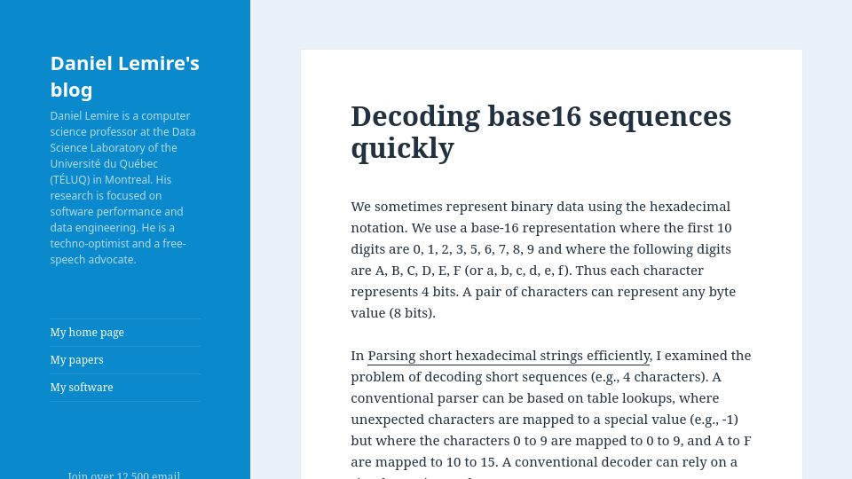 Screenshot of lemire.me: Decoding base16 sequences quickly