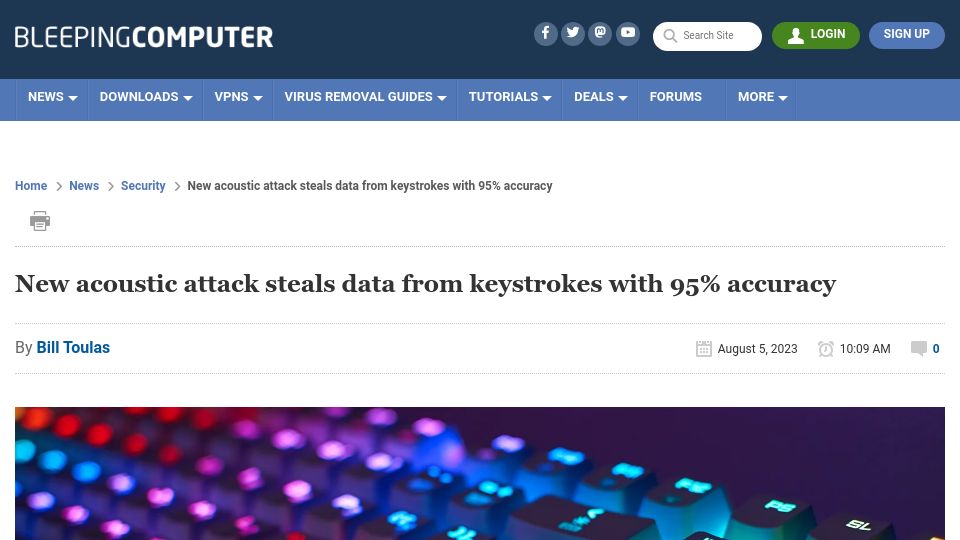 Screenshot of bleepingcomputer.com: New acoustic attack steals data from keystrokes with 95% accuracy