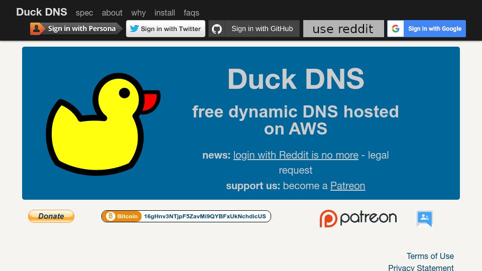 Screenshot of duckdns.org: Duck DNS