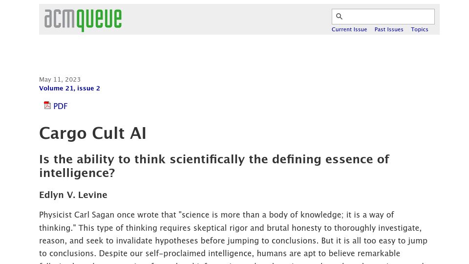 Screenshot of queue.acm.org: Cargo Cult AI