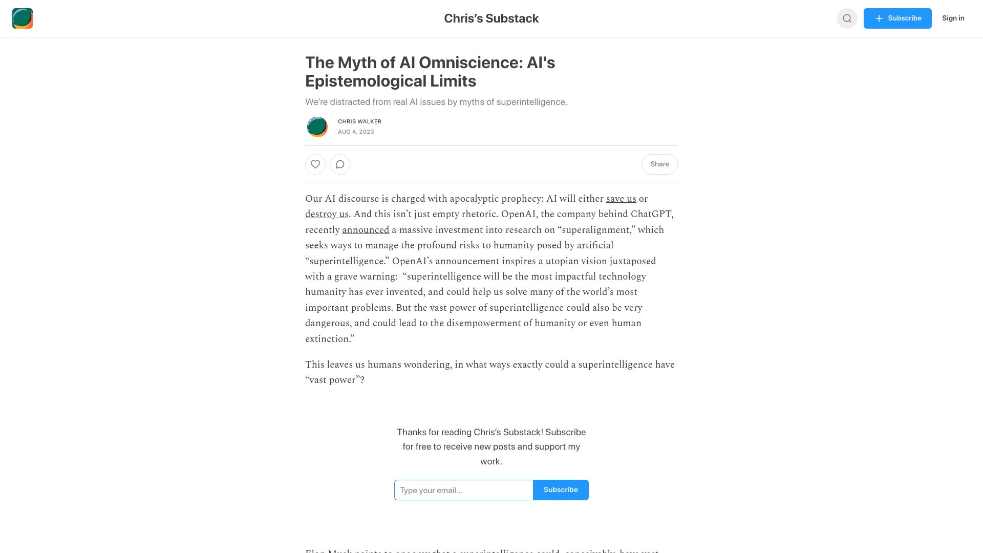 Screenshot of cpwalker.substack.com: The Myth of AI Omniscience: AI's Epistemological Limits