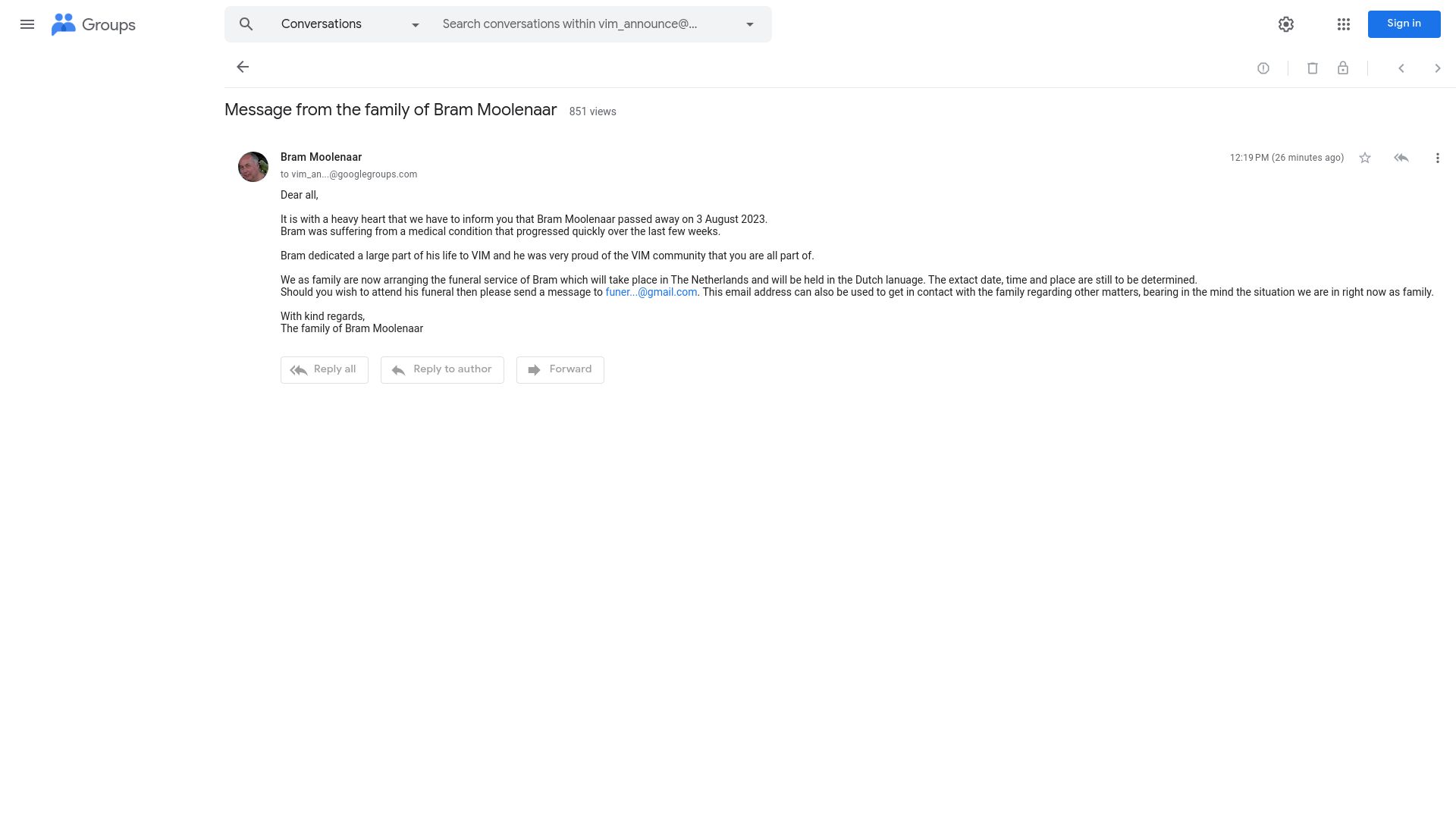 Screenshot of groups.google.com: Bram Moolenaar has died