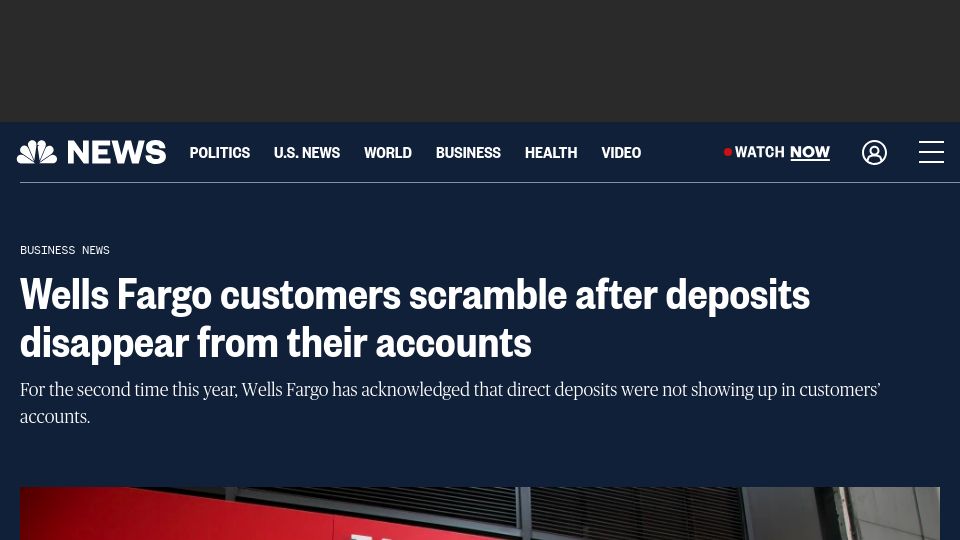 Screenshot of nbcnews.com: Wells Fargo customers scramble after deposits disappear from their accounts