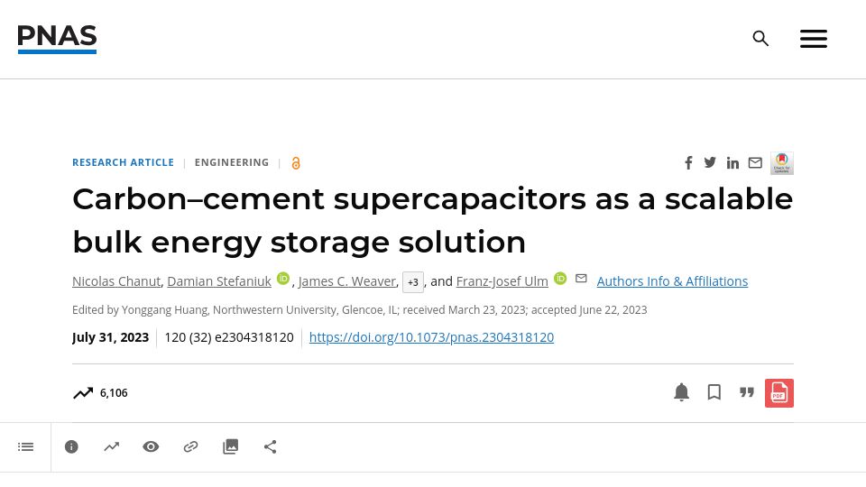 Screenshot of pnas.org: Carbon–cement supercapacitors as a scalable bulk energy storage solution