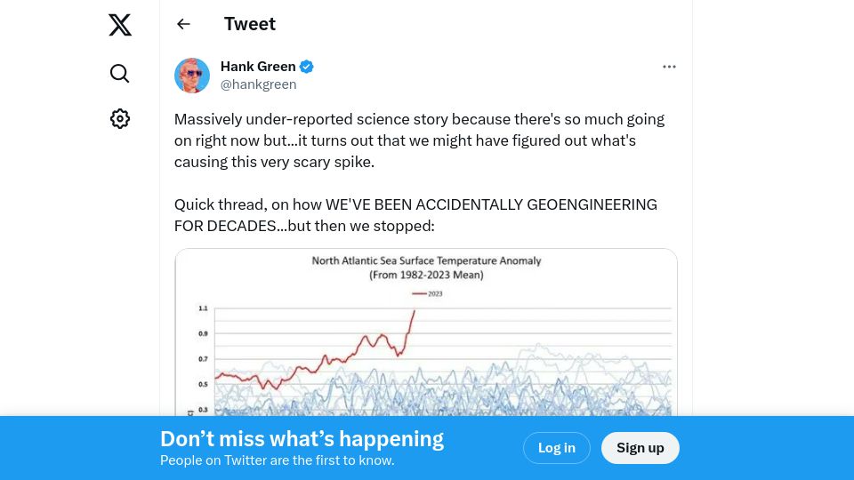 Screenshot of twitter.com: Reduction of sulfur emissions from ships may be causing rising sea temperatures