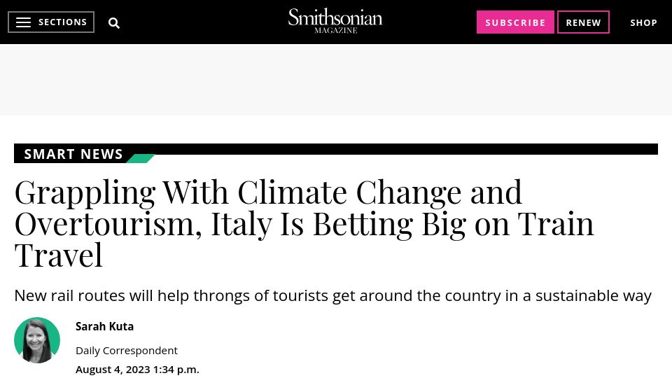 Screenshot of smithsonianmag.com: Italy Is Betting Big on Train Travel