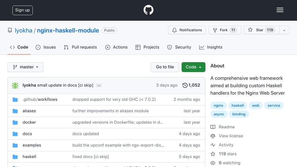 Screenshot of github.com: Show HN: Custom Haskell handlers for Nginx
