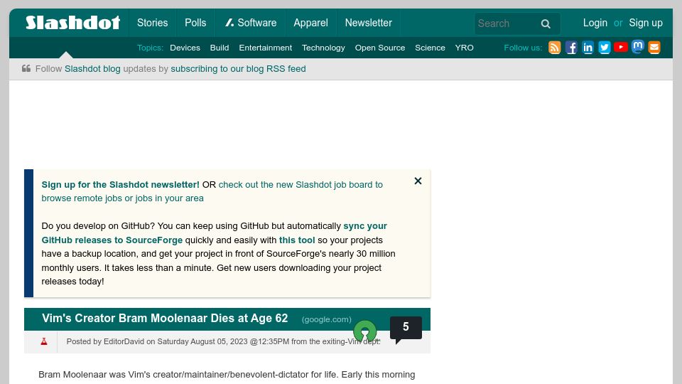 Screenshot of news.slashdot.org: Vim's Creator Bram Moolenaar Dies at Age 62 – Slashdot
