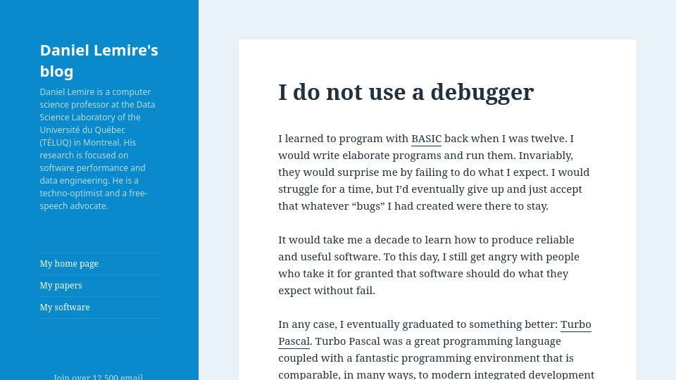 Screenshot of lemire.me: I do not use a debugger (2016)