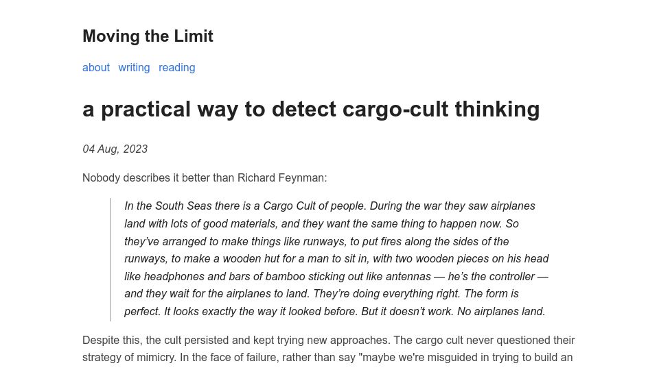 Screenshot of movingthelimit.com: A practical way to detect cargo-cult thinking