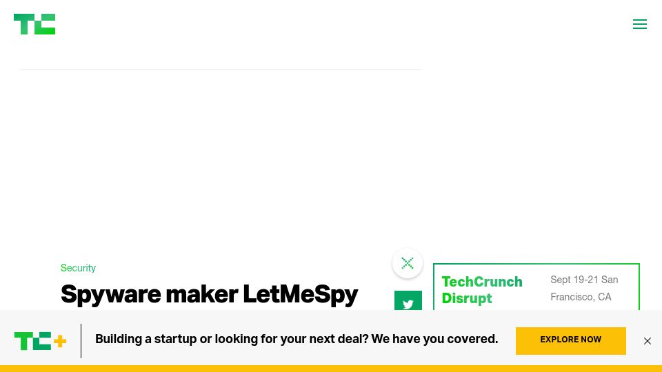 Screenshot of techcrunch.com: Spyware maker LetMeSpy shuts down after hacker deletes server data