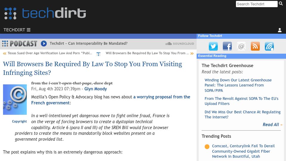 Screenshot of techdirt.com: Will Browsers Be Required by Law to Stop You from Visiting Infringing Sites?