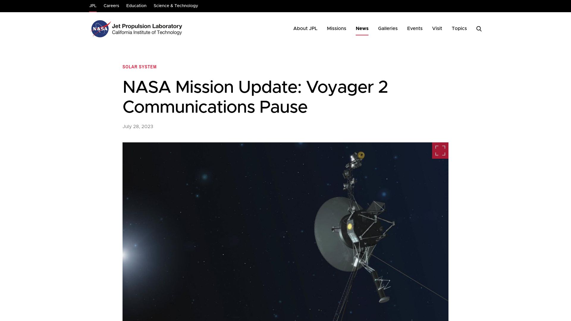 Screenshot of jpl.nasa.gov: NASA has reestablished full communications with Voyager 2