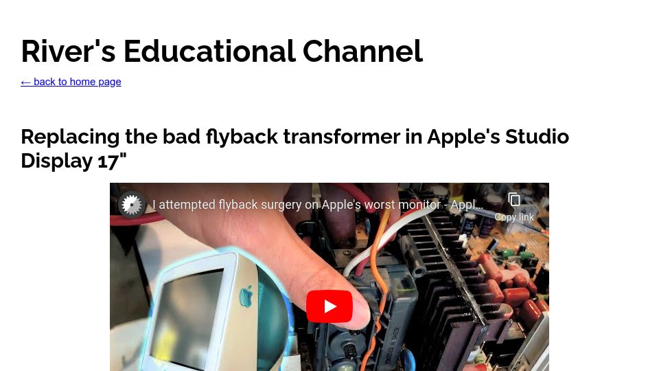 Screenshot of riveducha.com: Replacing the bad flyback transformer in Apple's Studio Display 17"