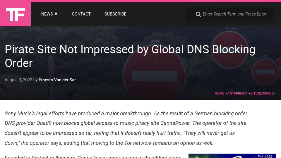 Screenshot of torrentfreak.com: Pirate site not impressed by Global DNS blocking order