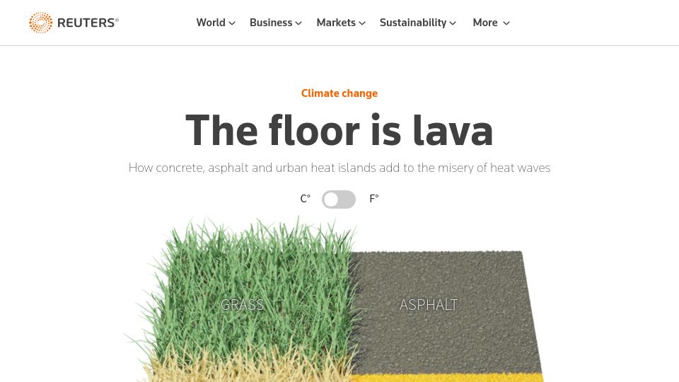 Screenshot of reuters.com: Concrete, asphalt and urban heat islands add to the misery of heat waves