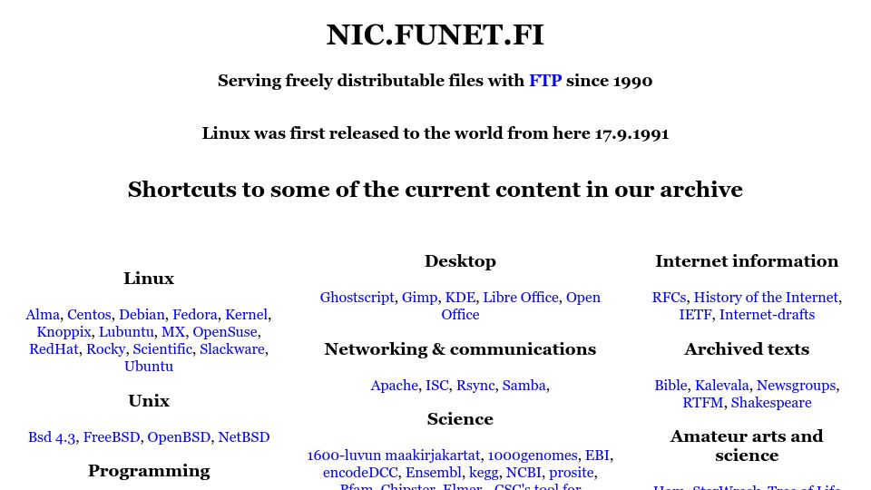 Screenshot of funet.fi: nic.funet.fi: Serving freely distributable files with FTP since 1990