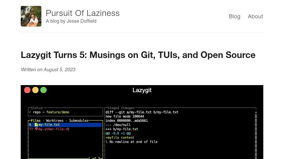Screenshot of jesseduffield.com: Lazygit Turns 5: Musings on Git, TUIs, and open source