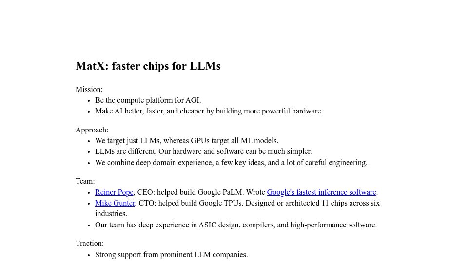 Screenshot of matx.com: MatX: Faster Chips for LLMs