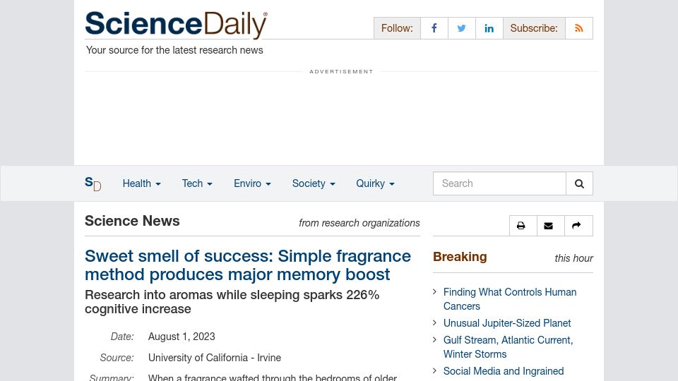 Screenshot of sciencedaily.com: Aromas while sleeping spark cognitive increase: study