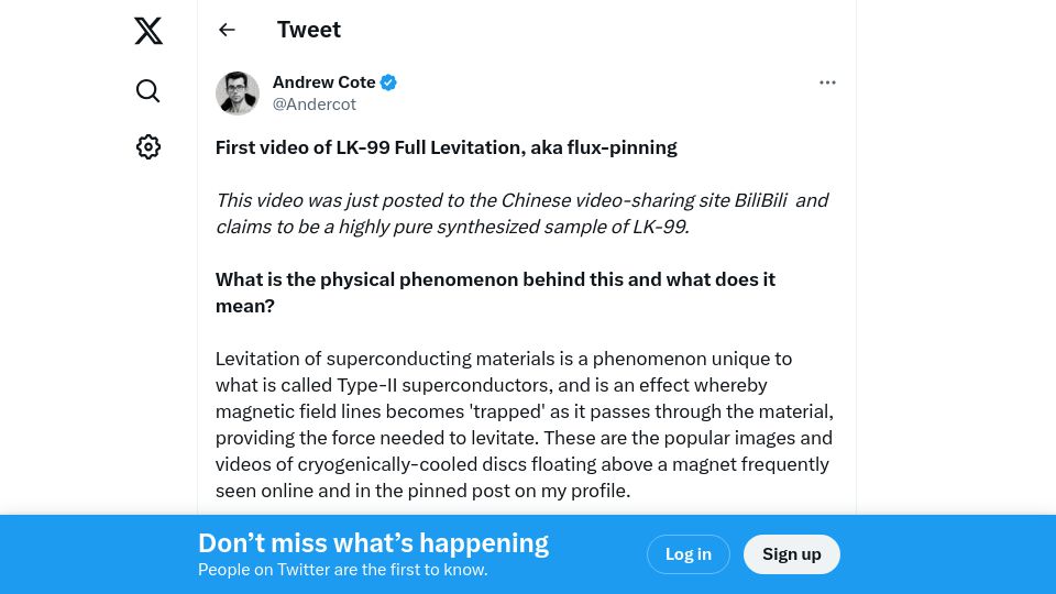 Screenshot of twitter.com: Flux Pinning in sample of LK-99?