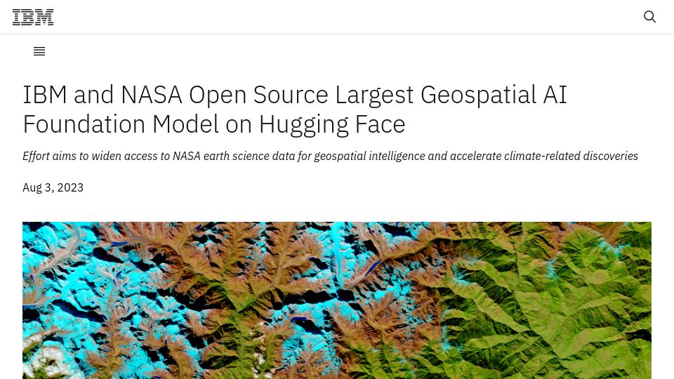 Screenshot of newsroom.ibm.com: IBM and NASA open-source largest geospatial AI foundation model on Hugging Face