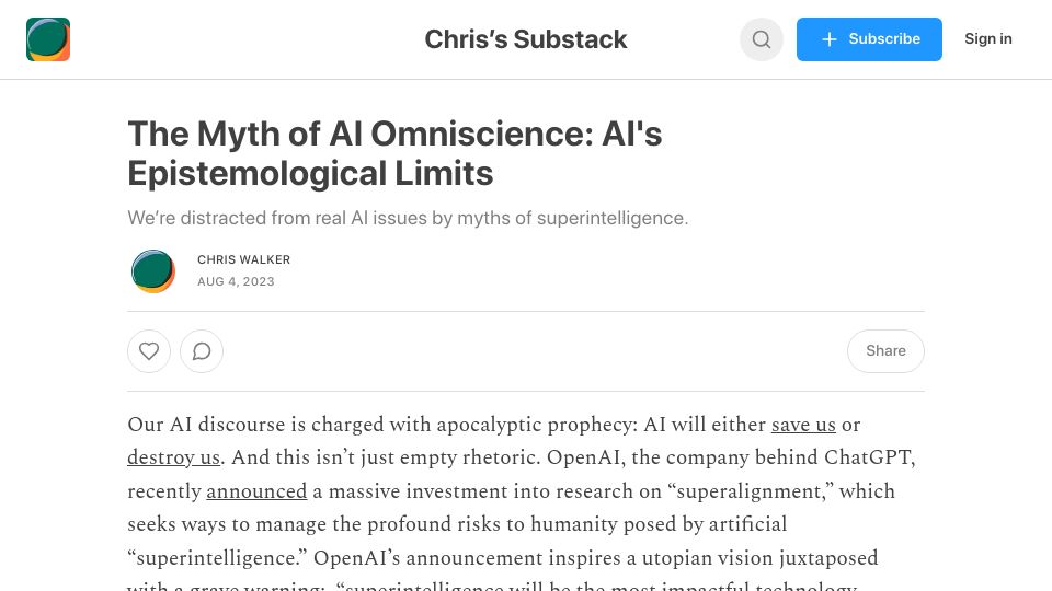 Screenshot of cpwalker.substack.com: The Myth of AI Omniscience: AI's Epistemological Limits