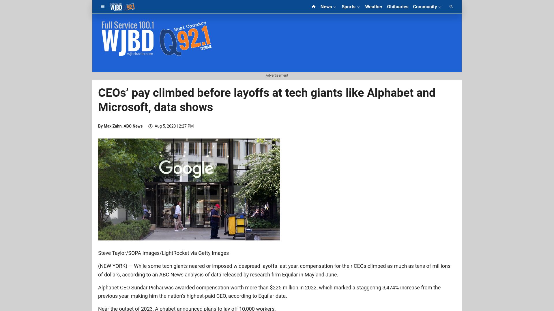 Screenshot of southernillinoisnow.com: CEOs’ pay climbed before layoffs at tech giants like Alphabet and Microsoft