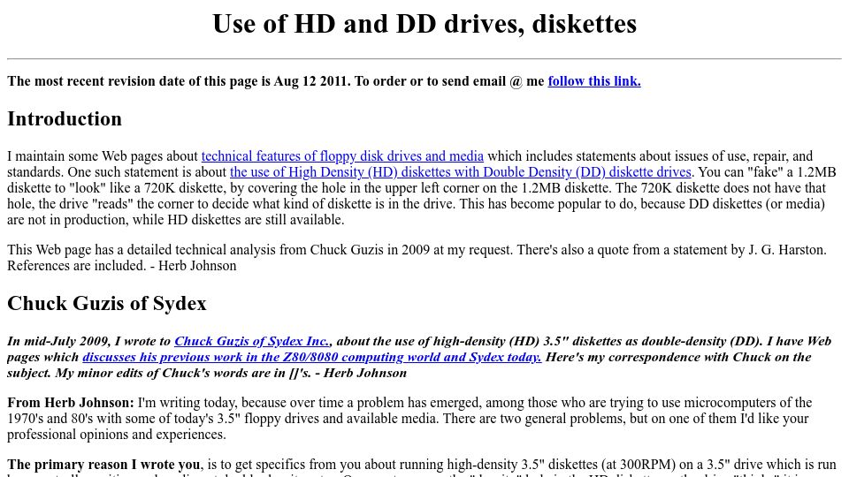 Screenshot of retrotechnology.com: Use of HD and DD drives, diskettes (2011)