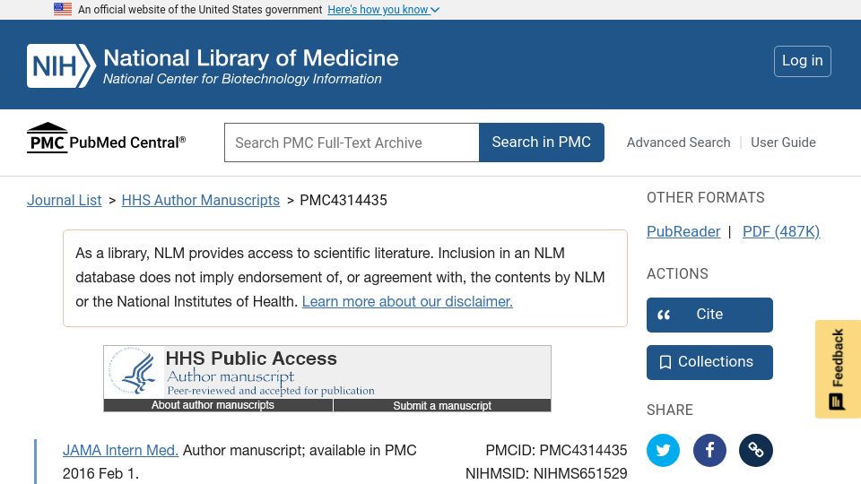 Screenshot of ncbi.nlm.nih.gov: Mortality patterns for patients hospitalized during cardiology meetings (2016)