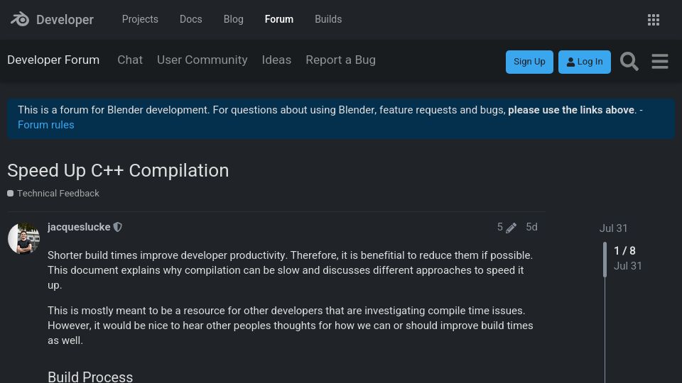 Screenshot of devtalk.blender.org: Speed Up C++ Compilation
