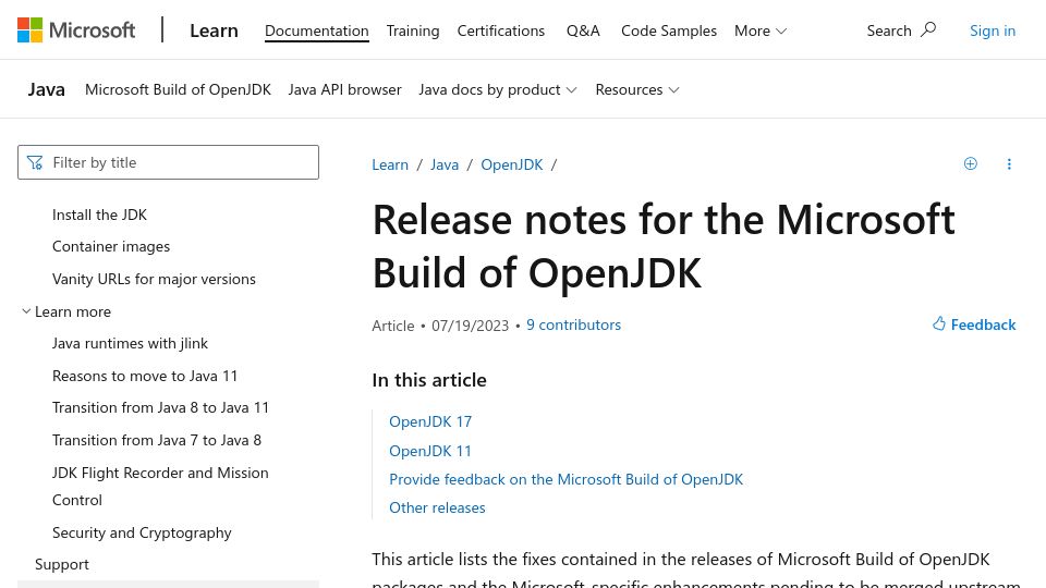 Screenshot of learn.microsoft.com: MS Build of OpenJDK now with enhanced escape analysis enabled by default