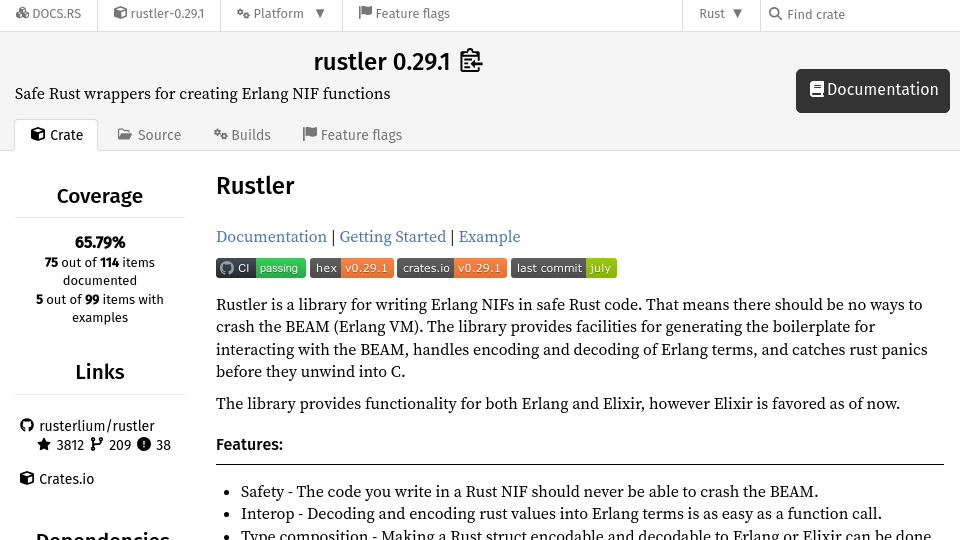 Screenshot of docs.rs: Write Elixir NIFs in Rust